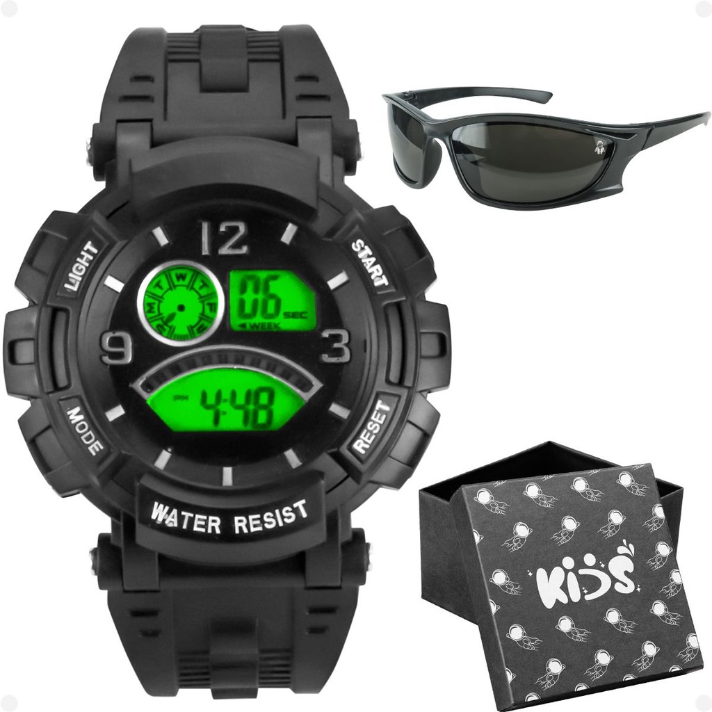 relogio digital infantil preto silicone + oculos sol + caixa silicone ajustavel alarme original data