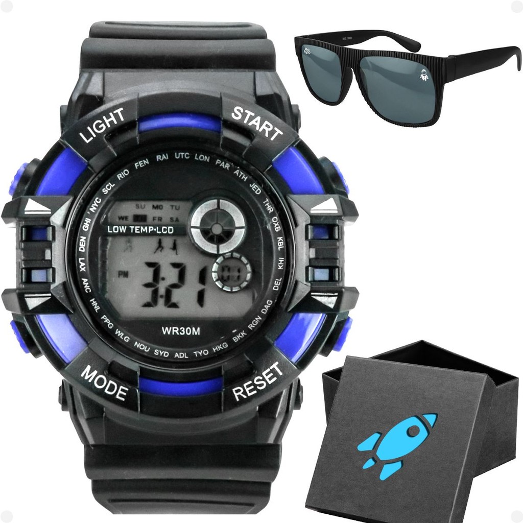 Relogio Infantil Preto Digital Menino + Oculos Sol + Caixa presente esportivo criança alarme preto