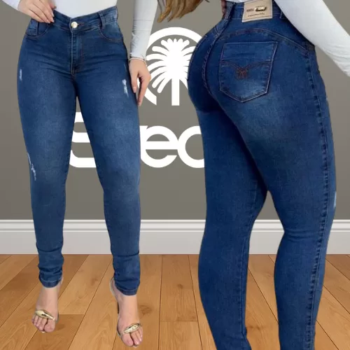 Calça Feminina Skinny Puido Azul Médio Elastano 