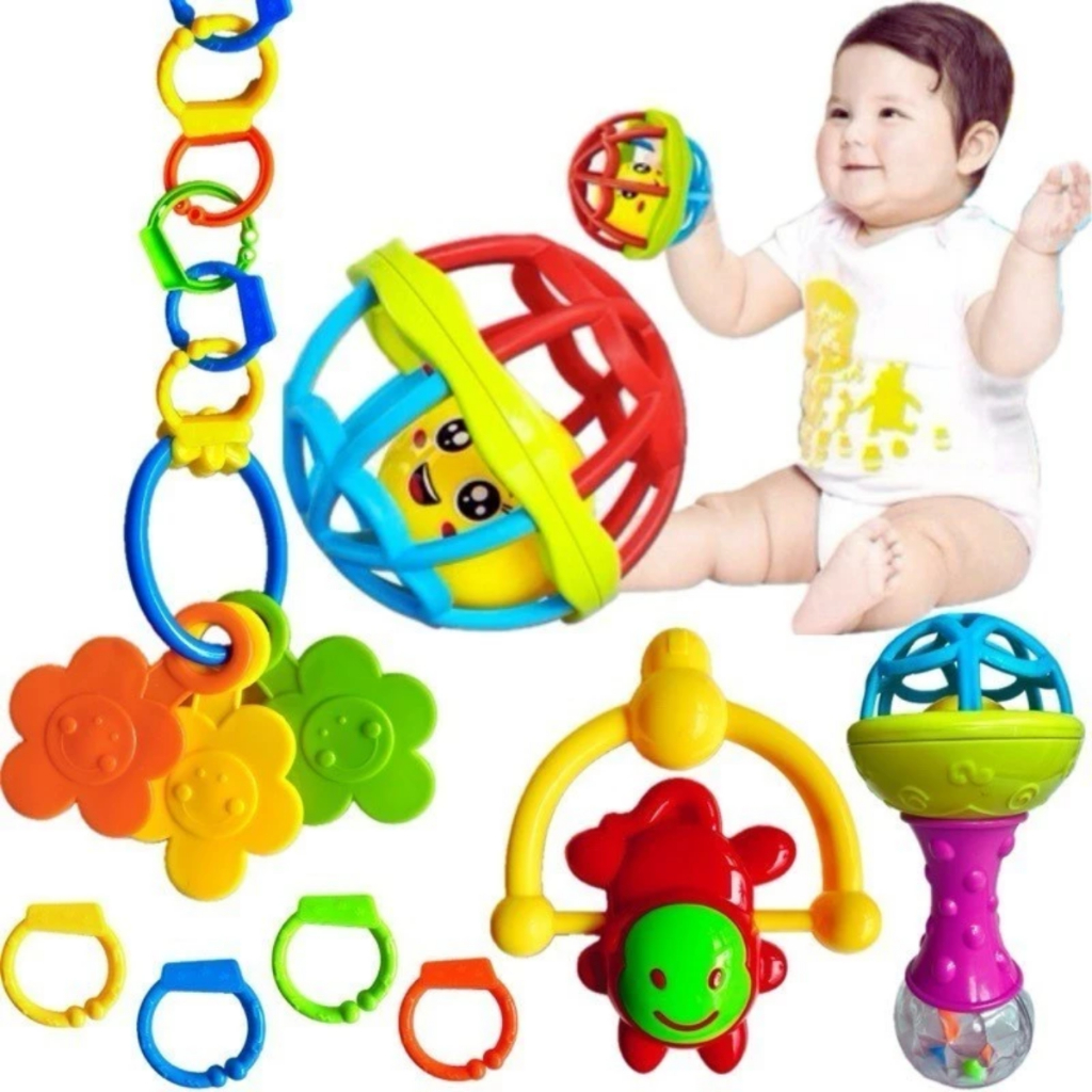 Kit Chocalho Silicone Mordedor Sensorial 8 Peça Brinquedo Infantil- Móbile Para Berço