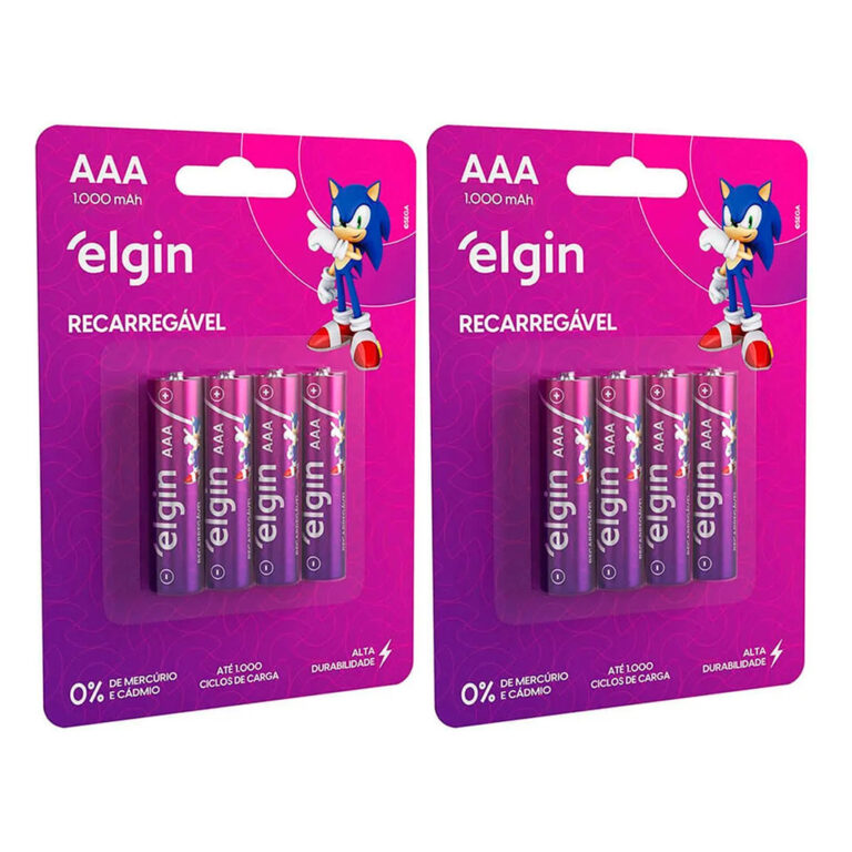 8 Pilhas Recarregável Palito Elgin AAA 1000mAh C/