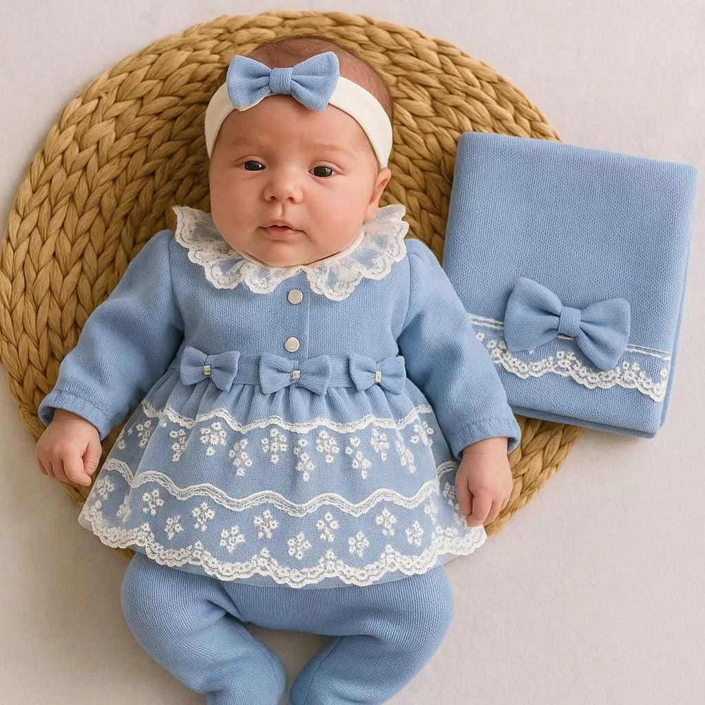 Kit Saída Maternidade Tricô Menina 6 Peças – Rosa, Verde, Lilás, Azul Completo: Vestido, Body, Manta