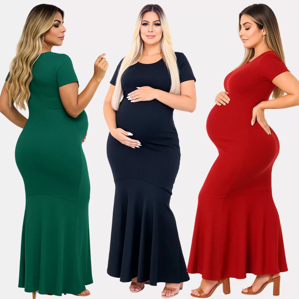 Vestido de Manga Curta Gestante Canelado Elastano Longo Moda casual Chique Gestante,Gravidas e Mater