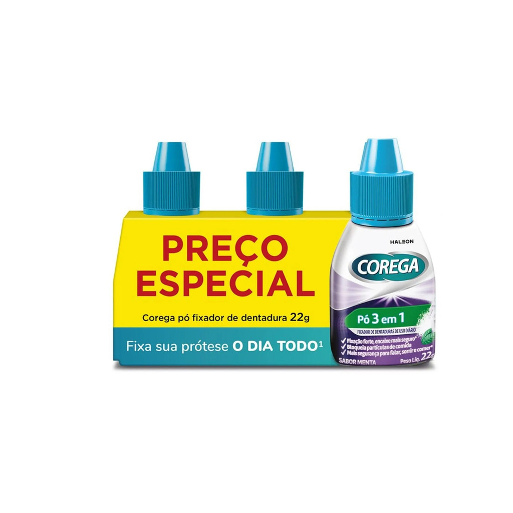 Kit Fixador de Dentadura Corega Pó 22g Leve 3 Pague 2