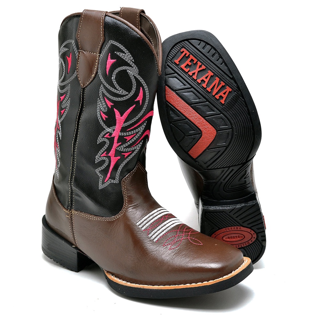 Bota Country Feminina Café Com Bordado Tribal Rosa