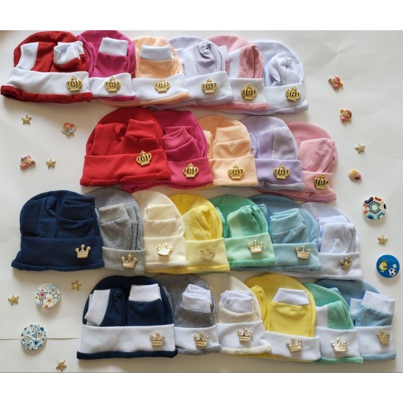 Touca luva sapatinho recém nascido kit 3 peças detalhe de coroa