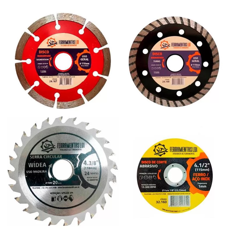 Kit 4 Discos de Corte 110 X 20mm 1 Turbo + 1 Segmentado + 1 Serra 24 Dentes + 1 Disco Corte Ferro