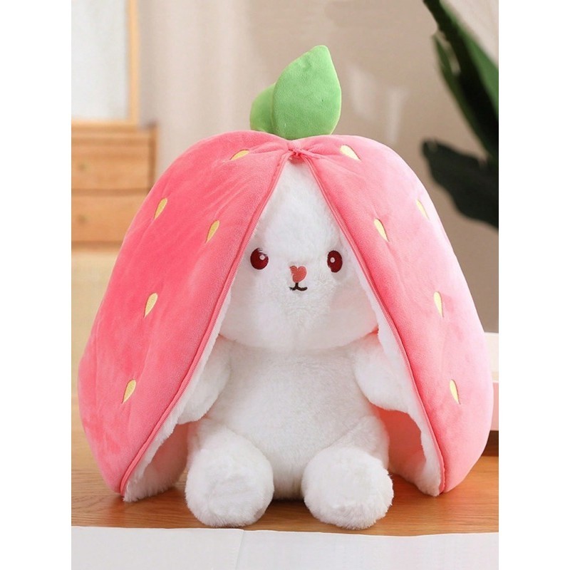 Brinquedo De Pelúcia De Coelhinho De Morango Reversível 2 Em 1-Travesseiro Macio De Boneca Coelho De