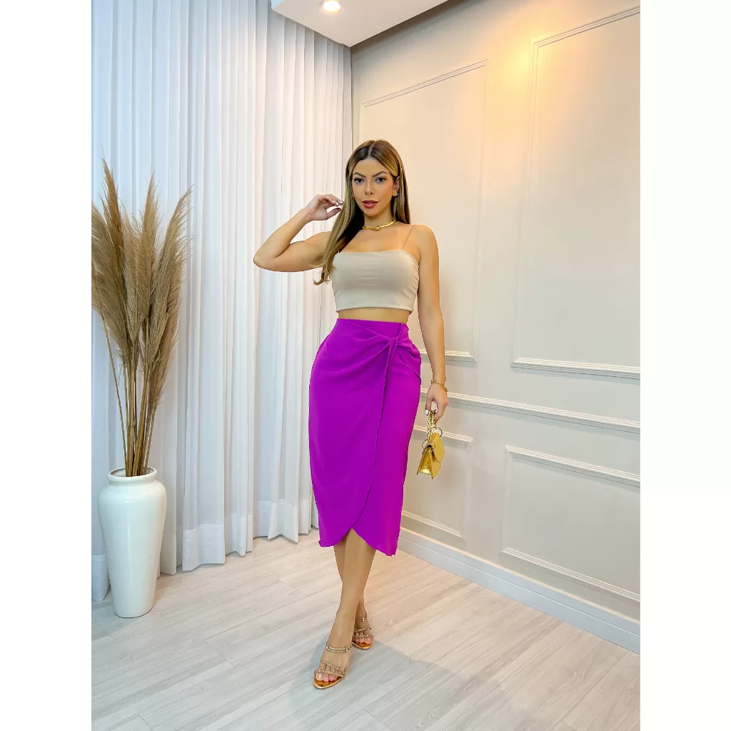 Saia Lápis Midi Feminina com Nó Lisa Novidade 2024 x039
