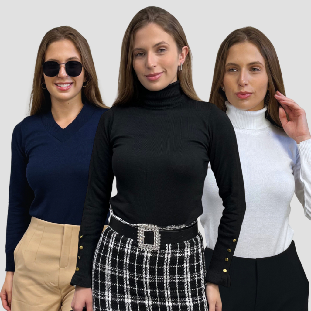 Kit 3 Blusas de Frio Feminina Tricô Casaco Suéter Feminino Elastano Lã