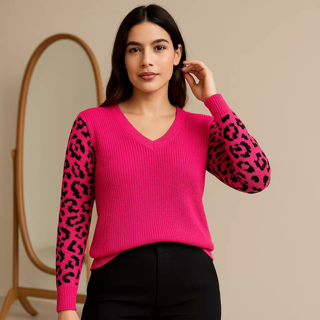 Blusa De Tricô Feminina Lisa Manga Longa Estampa Onça Básica Casual
