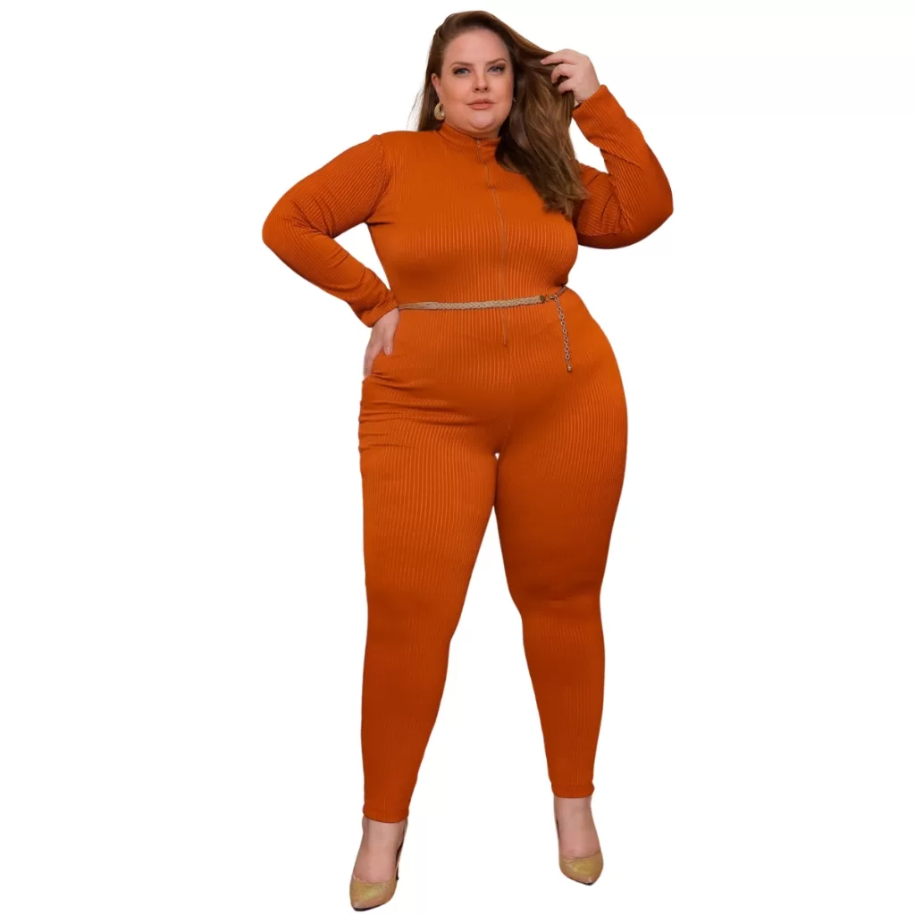 Macacão Feminino Longo Plus Size Manga Longa Laranja com Ziper
