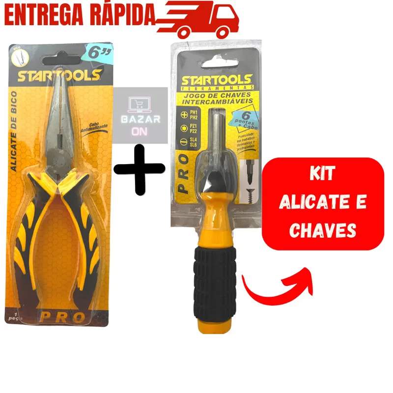 kit Chave com 6 Pontas Intercambiáveis Pro de Aço + Alicate de Bico 6