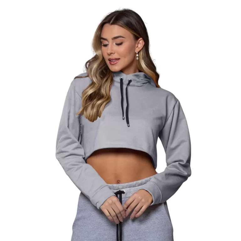 Blusa Cropped Moletom com Capuz Cinza