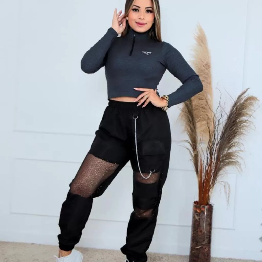 Calça Cargo Feminina Estilo Arrastão  Tecido Vazado | Moda Streetwear Fashion