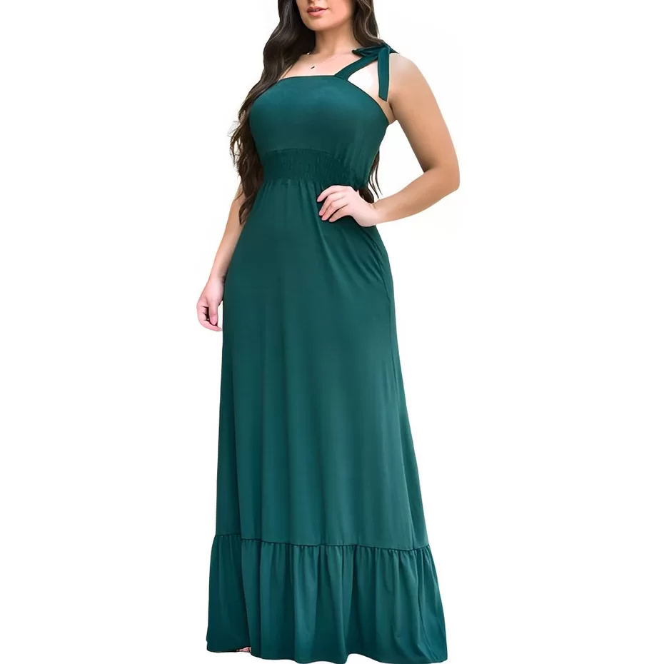 Vestido Longo Natal Feminino Cor Lisa Amarração Elastex Com Bojo