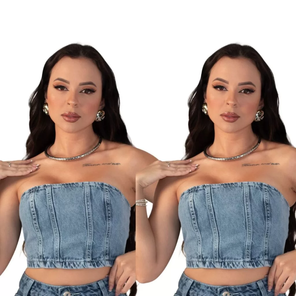 Top Cropped Jeans Feminino Tomara Que Cai Sem Bojo Ajustável Marmorizado Modelador Premium Moda Blog