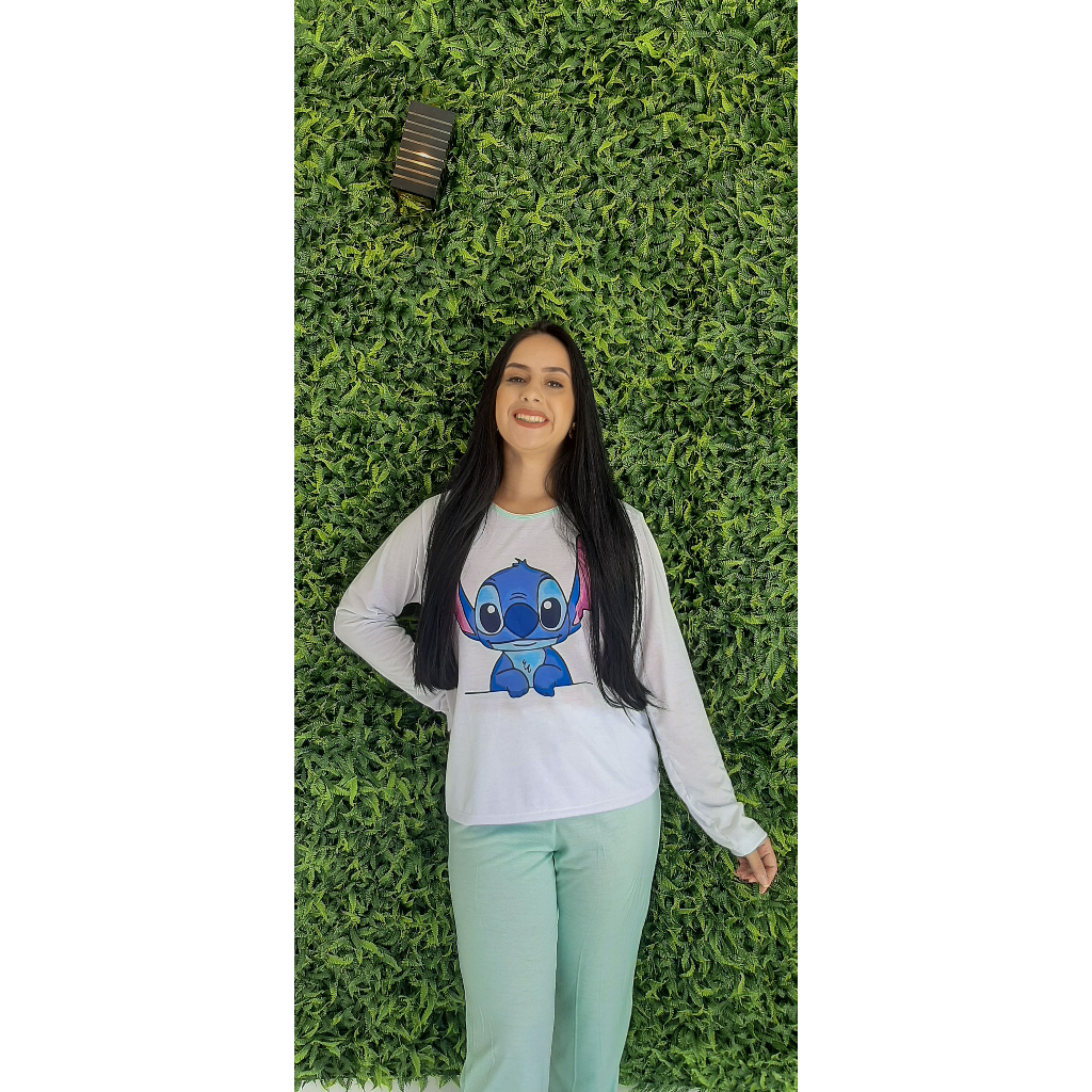 Pijama Feminino Adulto Stitch Inverno Manga Longa De Frio