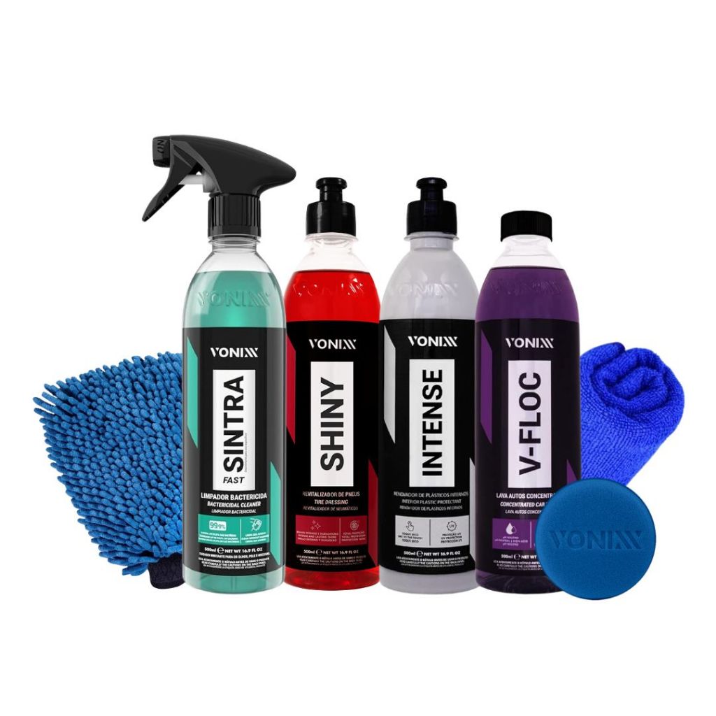Kit Shampoo V-floc Sintra Fast Intense Revitalizador Plastico Shiny Pneu Pretinho