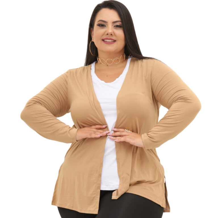 Cardigan Fenda Lateral Manga Longa Plus Size Femin