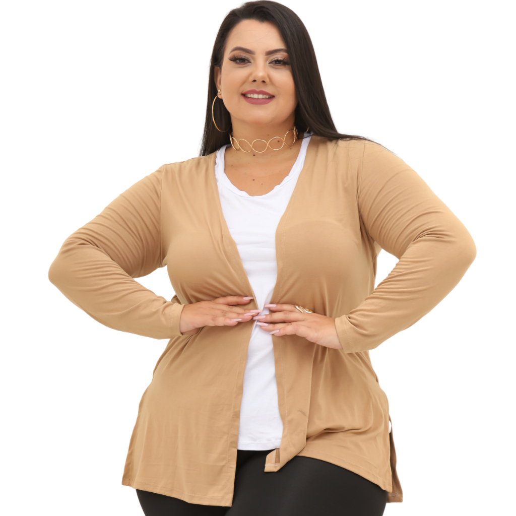 Cardigan Fenda Lateral Manga Longa Plus Size Feminino Malha Básico Meia Estação