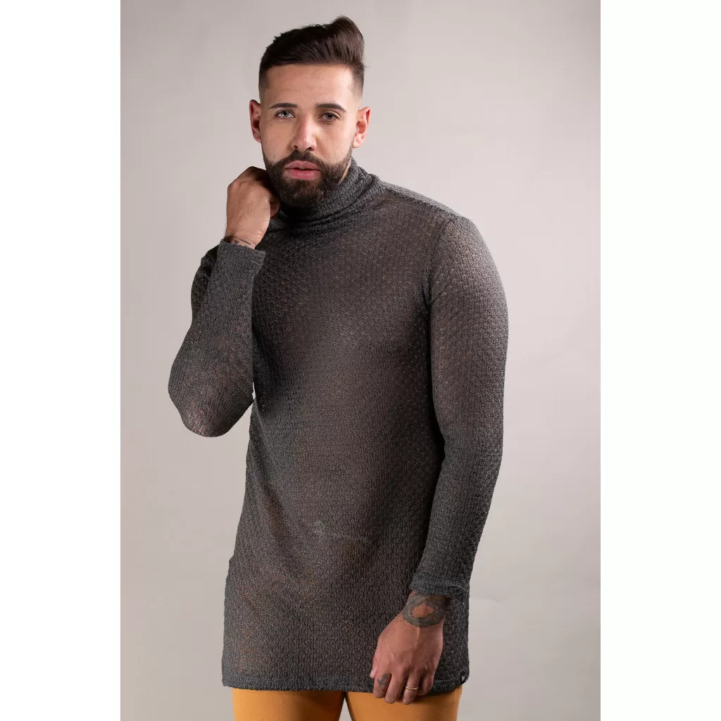 Blusa Masculina Gola Alta Long Line em Lãzinha Cinza