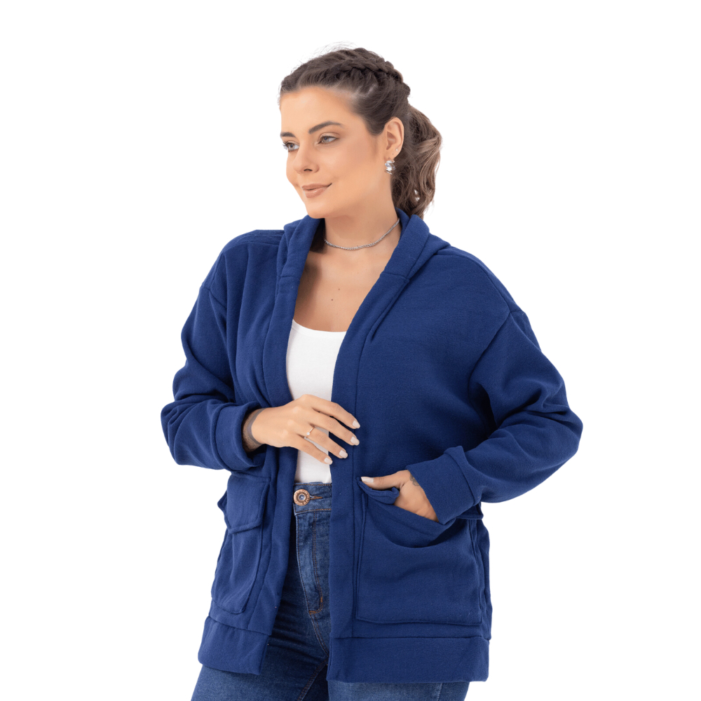 Casaco Feminino Aberto Peluciado Com Bolsos E Capuz Slim 5423.S1