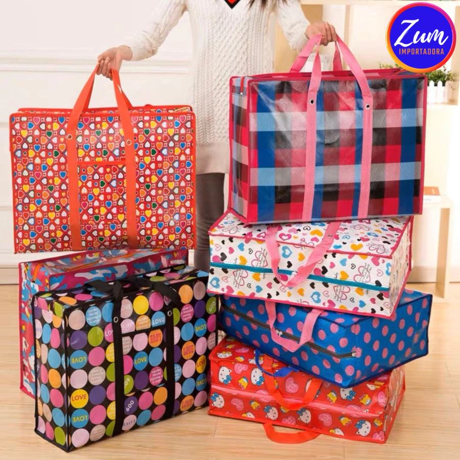 Sacolão Bolsa com Ziper Resistente para Viagens, Compras Feira Sacoleira Organizadora Estampas Sorti