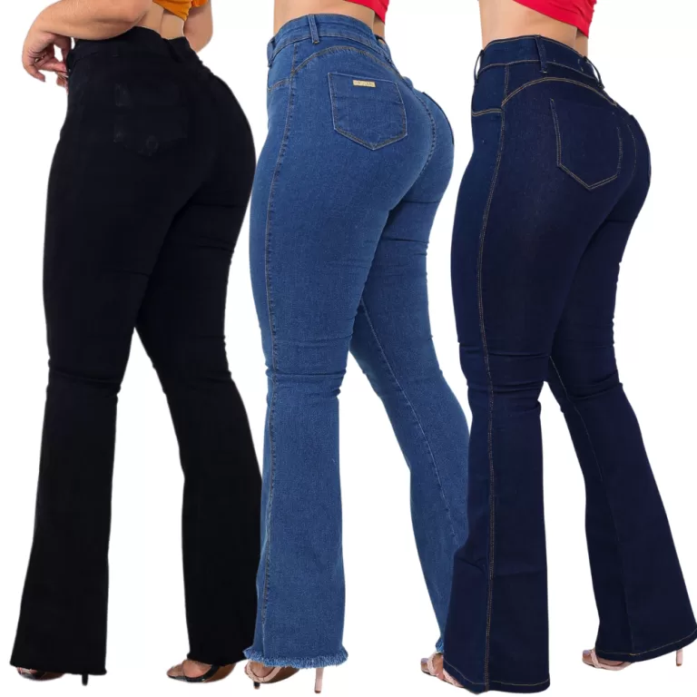 Kit 03 Calças Flare Feminina Jeans Escura Modelag