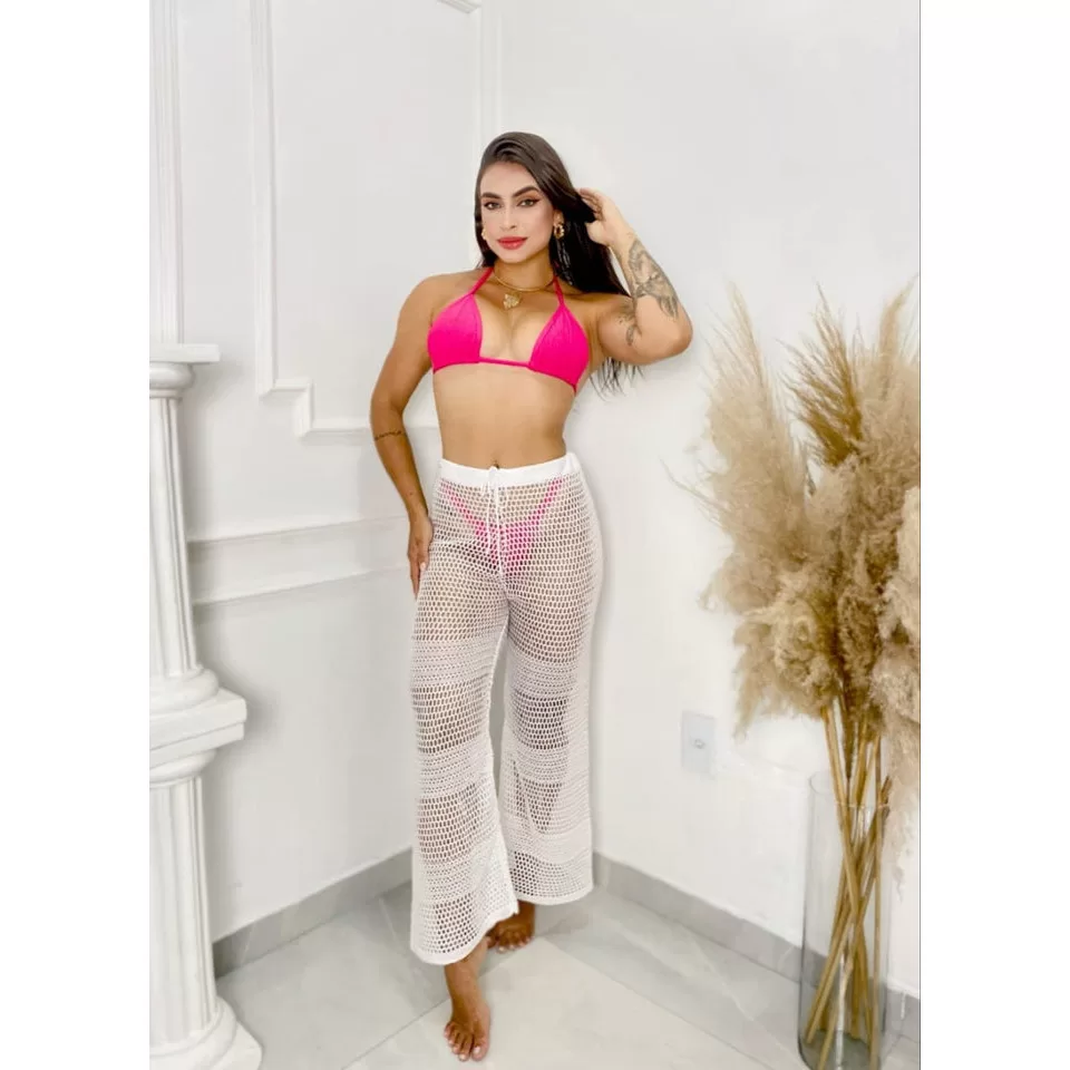 Calça Feminina Saída de Praia Tricot Crochê – Calça Tipo Arrastão