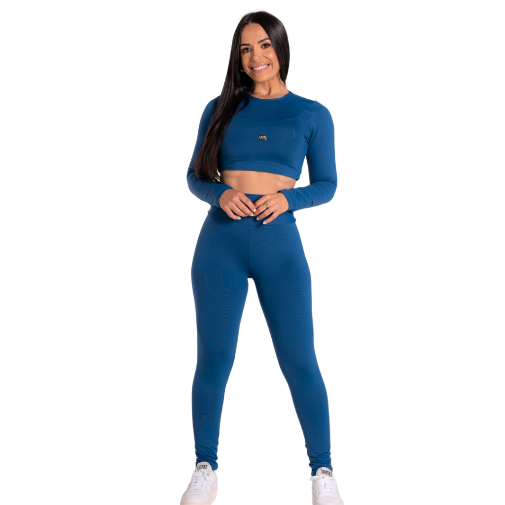 conjunto feminino tendencia croped manga longa e legging forrada zero transparencia