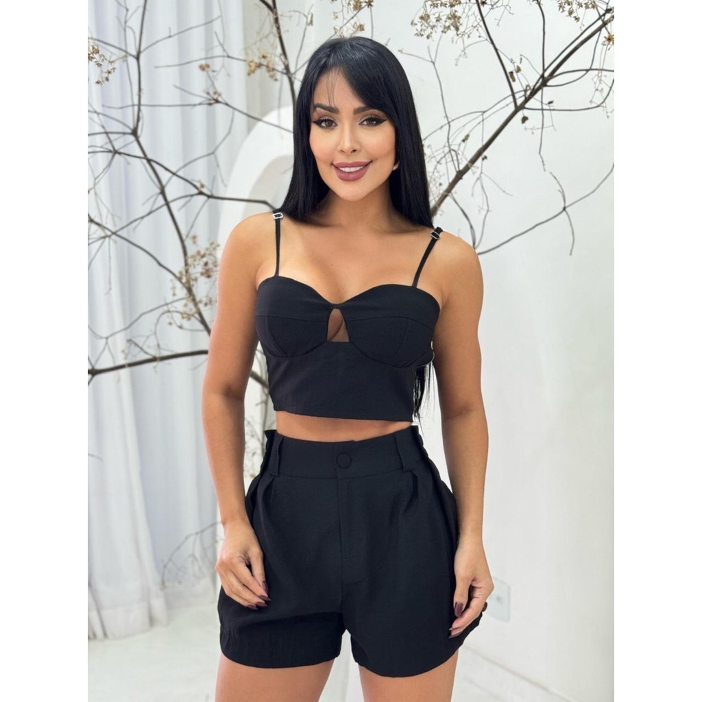 CONJUNTO FEMININO CROPPED E SHORTS ALFAIATARIA S9618