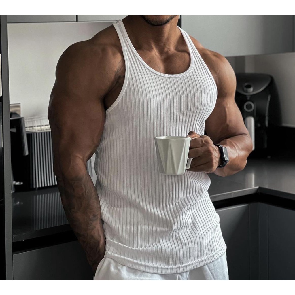 Kit 2 Regatas Masculina Cavada Modelo Americano Ribana Canelada Algodão e Elastano