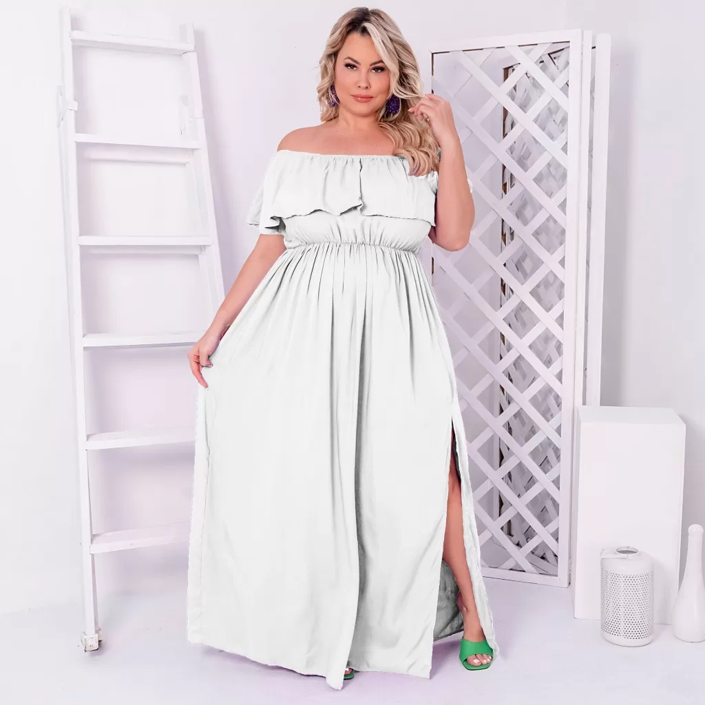 Vestido Branco Feminino Longo Plus Size Com Fenda Ajustável Moda Gestante Grávida Elegante