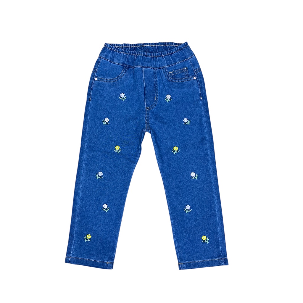 CALÇA JEANS MENINA INFANTIL COM BORDADO AJUSTE NA CINTURA 01 AO 03