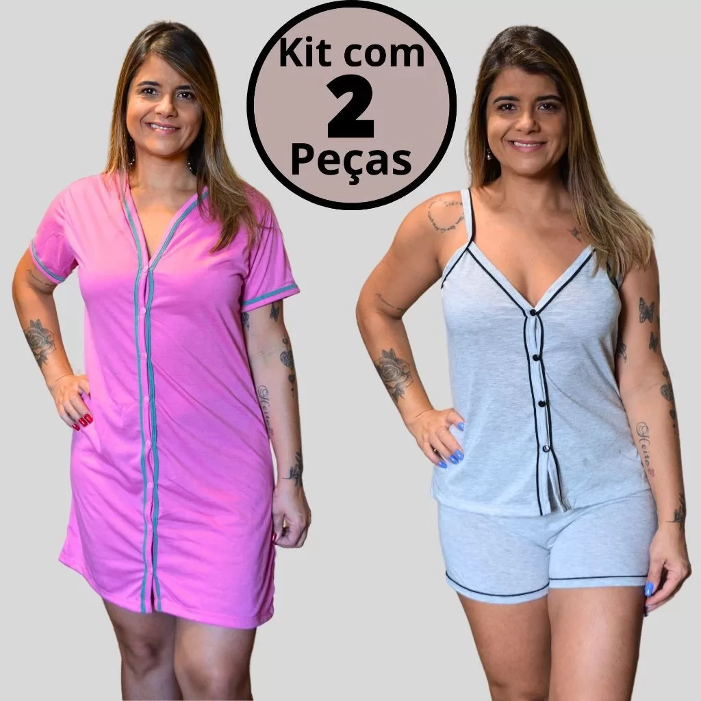 Kit 2 Short Doll Gestante Pijama ou Camisola Amamentação com Botões em Malha Cores Sortidas