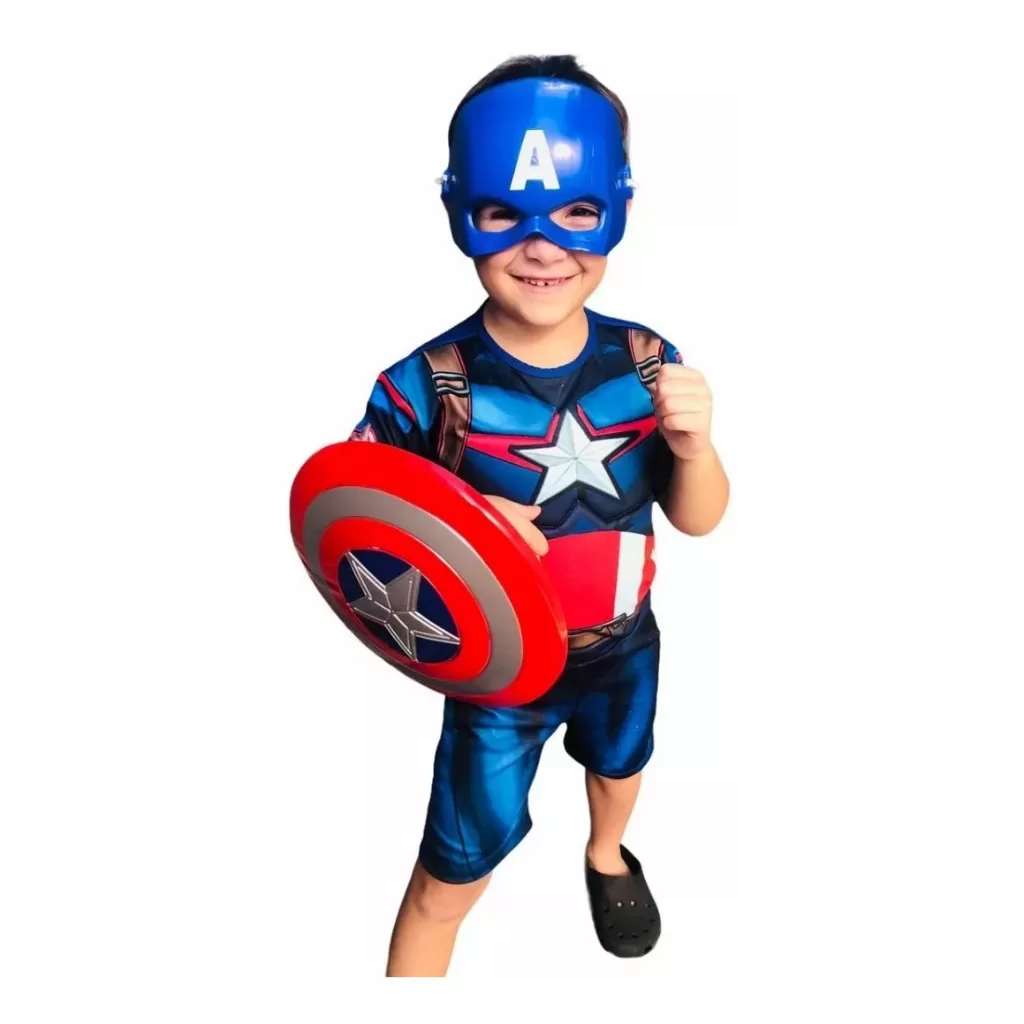 Fantasia do Capitão América Curta Com Escudo e Máscara