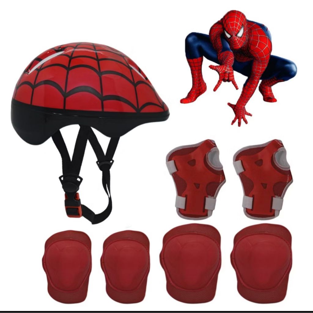 CAPACETE INFANTIL ARANHA COM JOELHEIRA COTOVELEIRA BIKE PATINS ESPORTE KIT PROTEÇAO INFANTIL