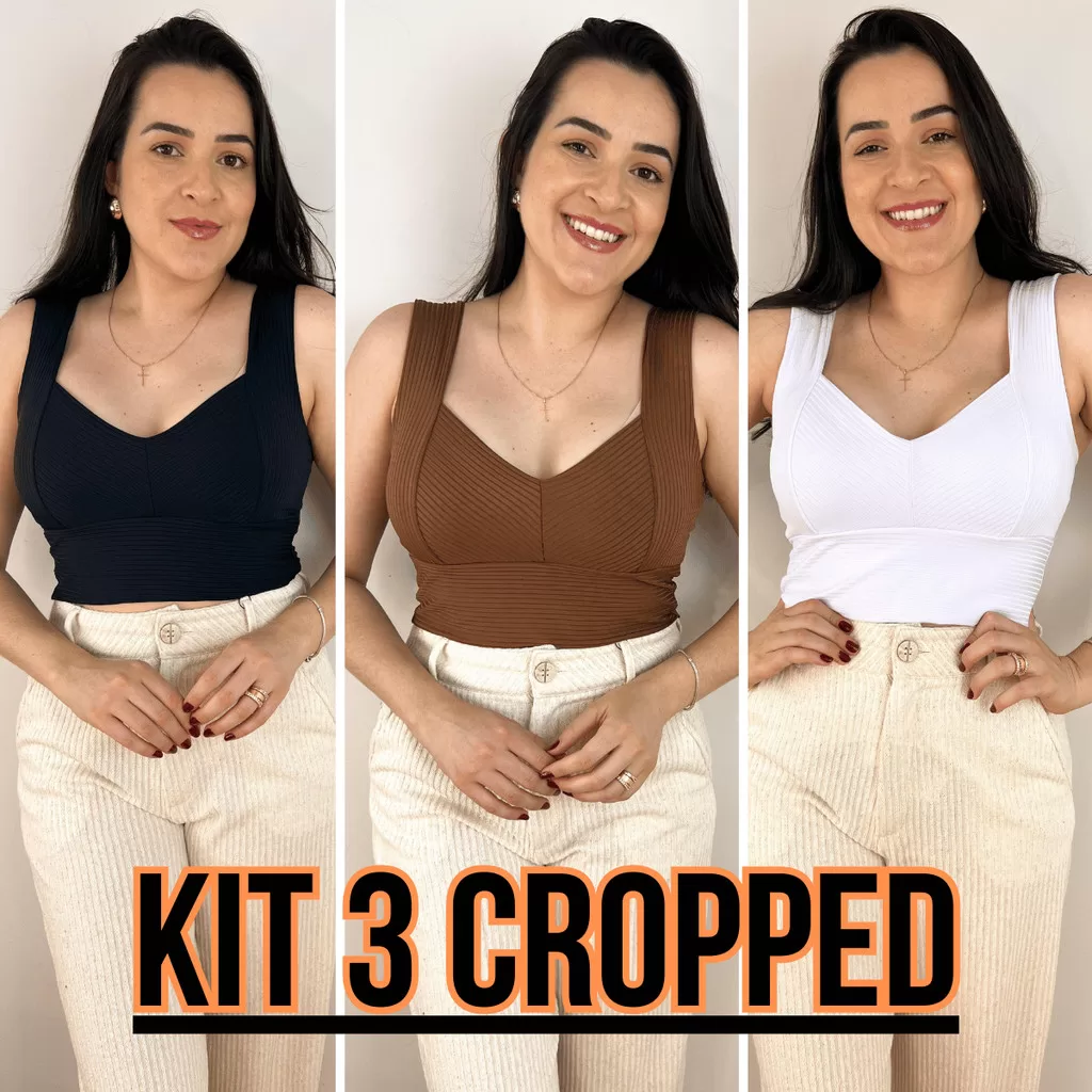 Kit 3 Cropped Blusa Regata Canelado Gola V Feminino Verao Elegante Tendencia Atacado