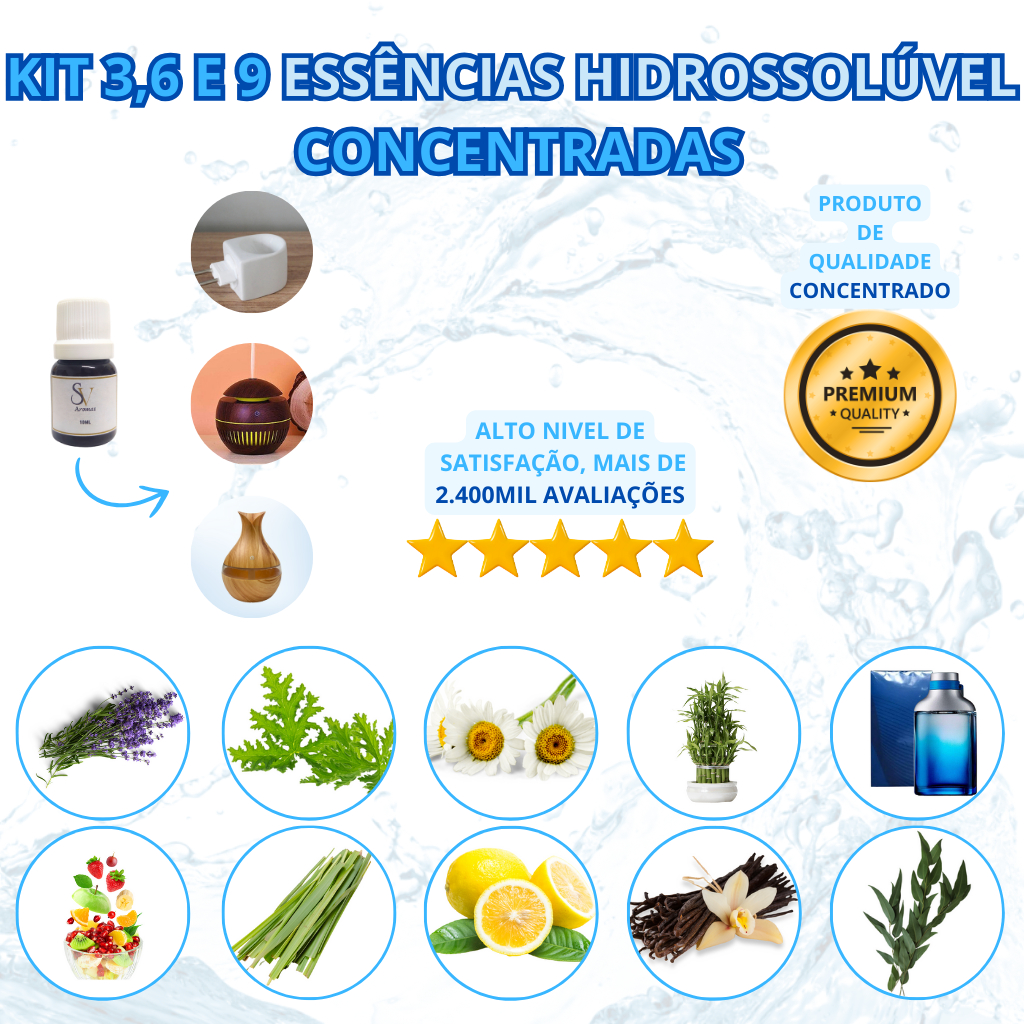 Essência hidrossolúvel – Essência para umidificador – Essencia aromatizador de ambiente – Kit 3,6,9