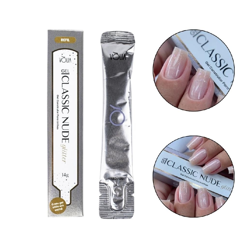 Sachê Refil Gel Construtor Classic Nude Glitter 14g Vòlia, Unhas Gel Fibra Alongamento Nail Manicure