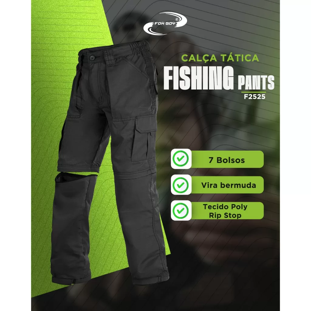Calça Vira Bermuda 7 Bolsos C/ Elástico na Cintura e Regulador na Barra Pescaria Fishing Camping