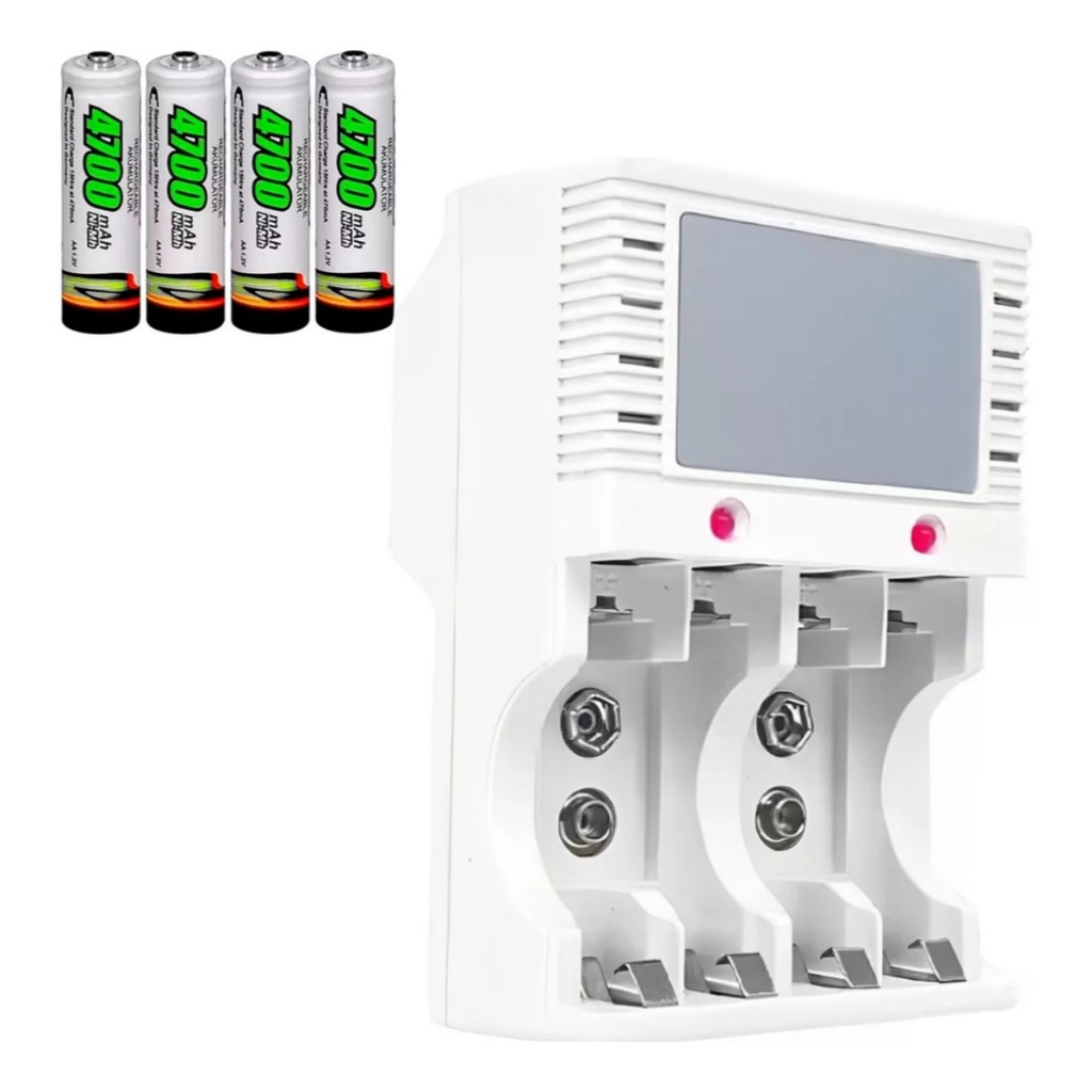 Kit 4 Pilhas Recarregáveis + Carregador Bivolt AA