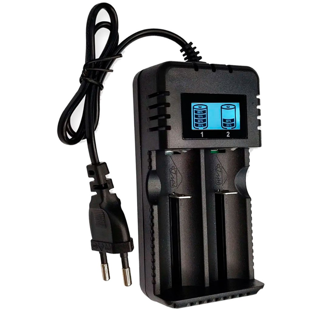 Carregador Duplo Turbo Para Bateria 26650 18650 16340 X-900 Universal Com Display LCD Slot Duplo