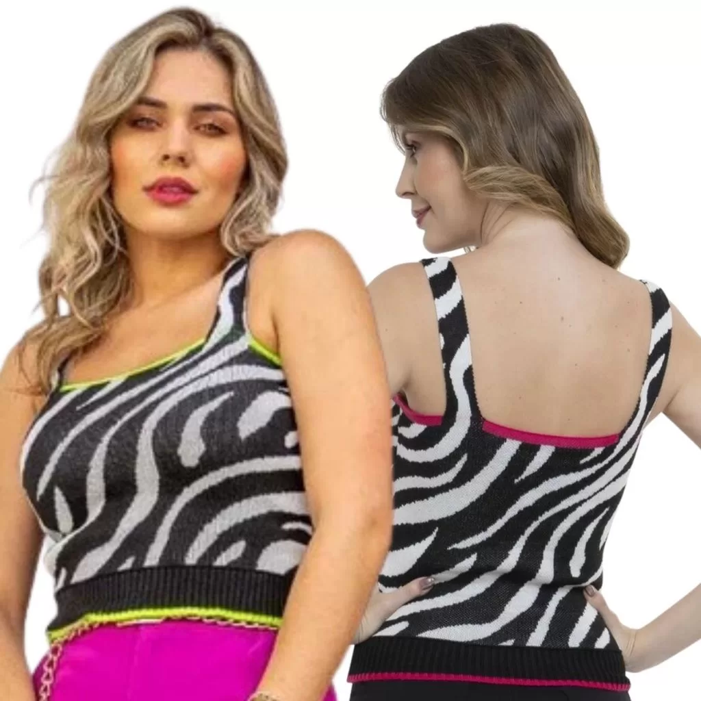 Blusa Feminina Tricot Regata Alça Zebra Verão Moderna Versátil Elegante