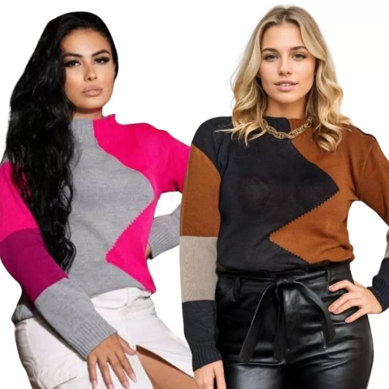 Blusa Feminina Tricot Manga Longa Tricolor Inverno