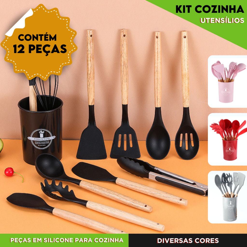 Kit Utensílios de Cozinha Com 5/12 Peças em Silicone com Cabo de Madeira Completo  – NL
