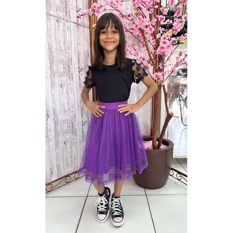 Saia Infantil de Tule com Glitter  Moda Evangélica  4 a 14 Anos