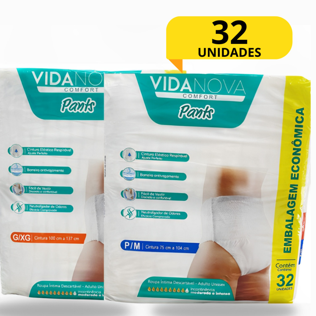 Fralda Calça Geriatrica Pants Vida Nova P/M  G/XG PACOTÃO 32 UNIDADES Incontinecia Moderada /Intensa