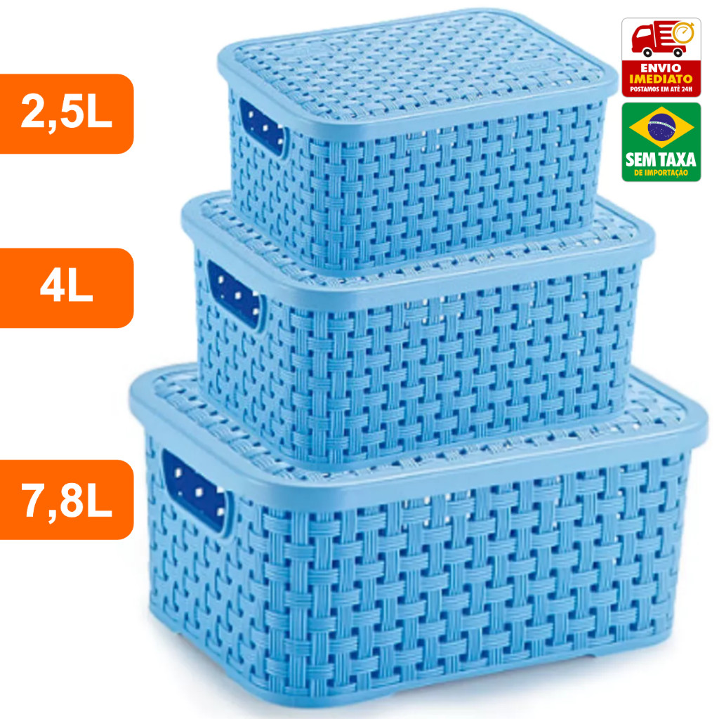 Kit 3 Cesto Organizador Caixa Rattan Multiuso Plastico Com Tampa LigBrin